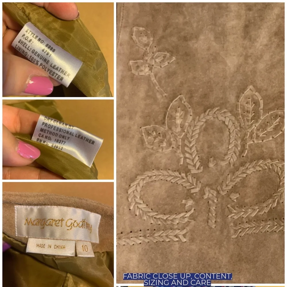 MARGARET GODFREY TAN SUEDE WHIP STITCH W/FLORAL DESIGN FLARE LEG PANTS (10) - Picture 12 of 14